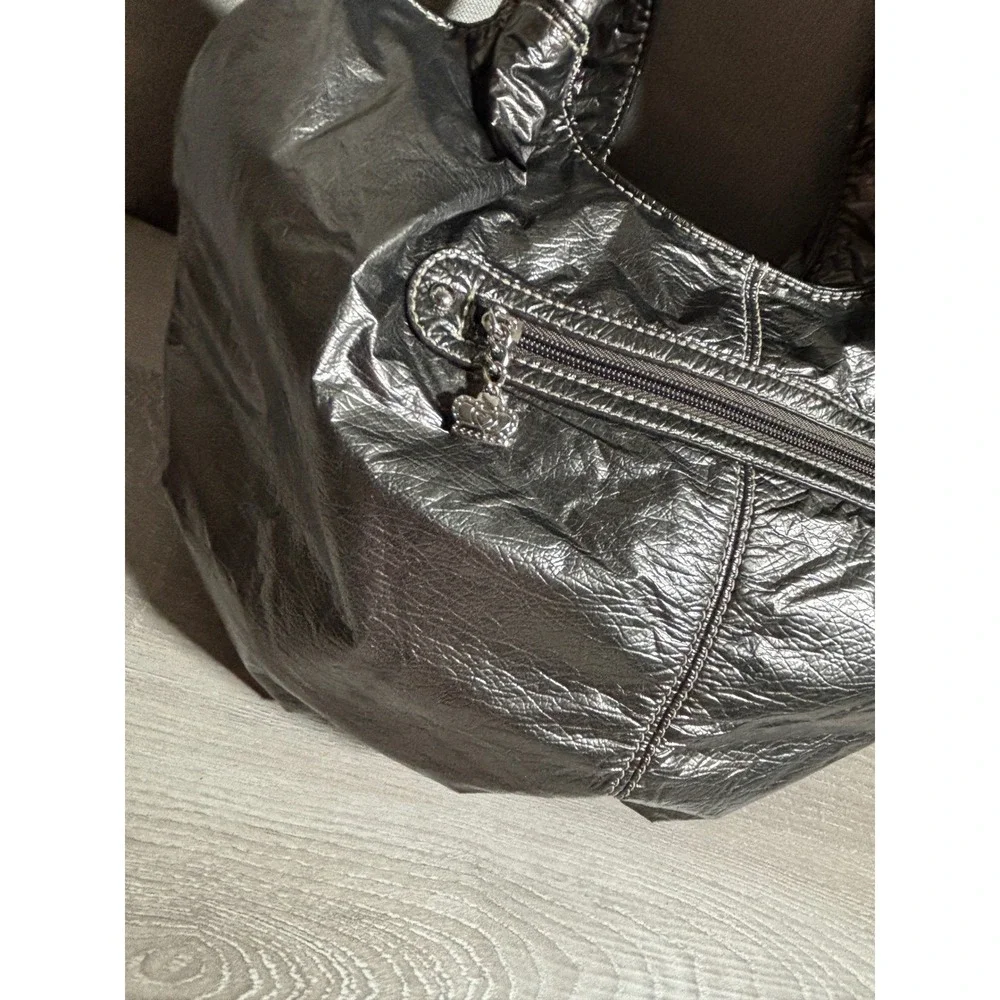 Kathy Van Zeeland Metallic Pewter Crinkle Hobo Bag Crowned Heart Y2K Style 90s